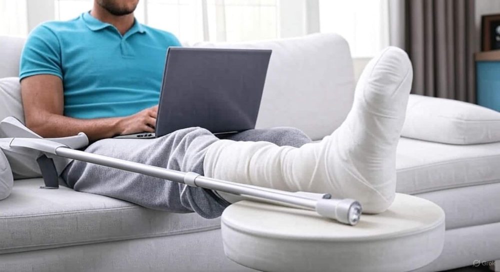man sitting in couch, broken leg