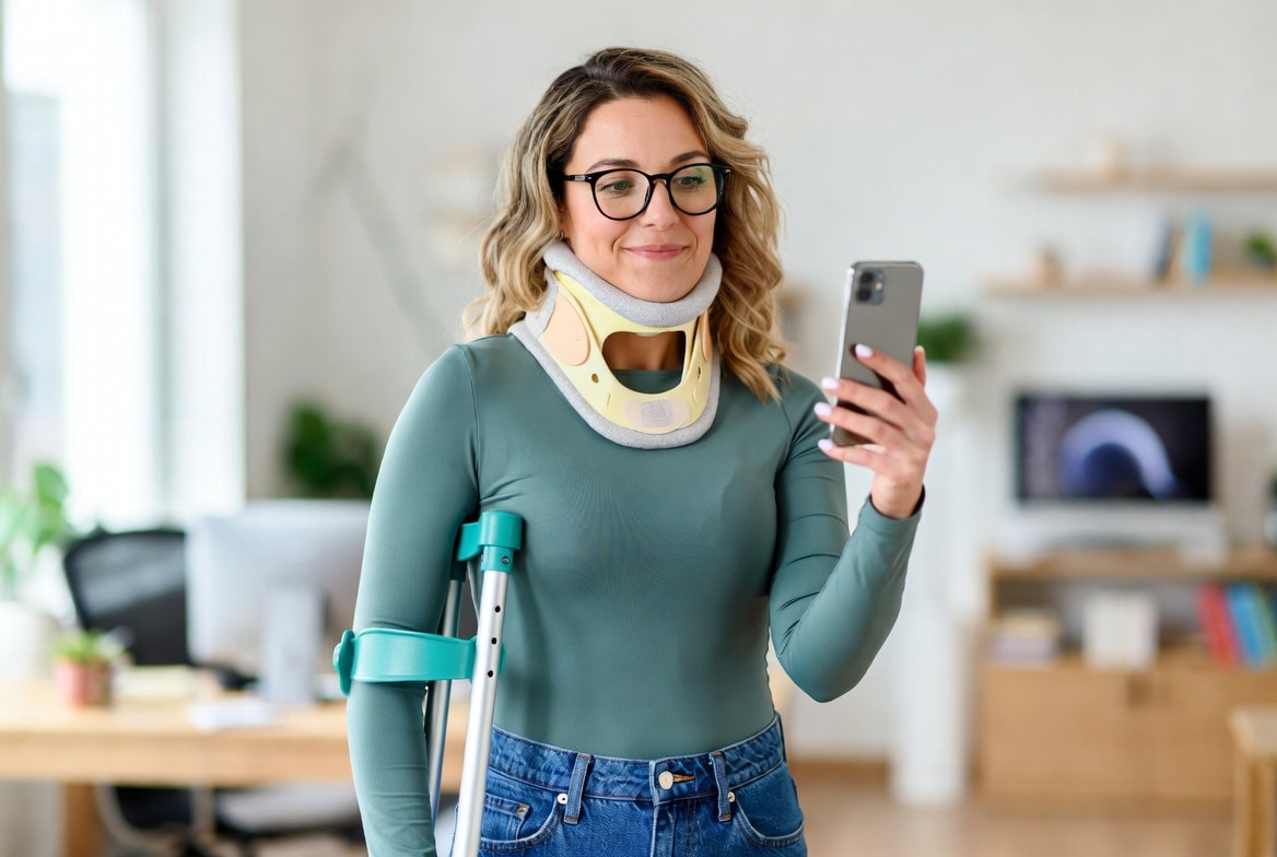 lady injured holding phone looking at financial options
